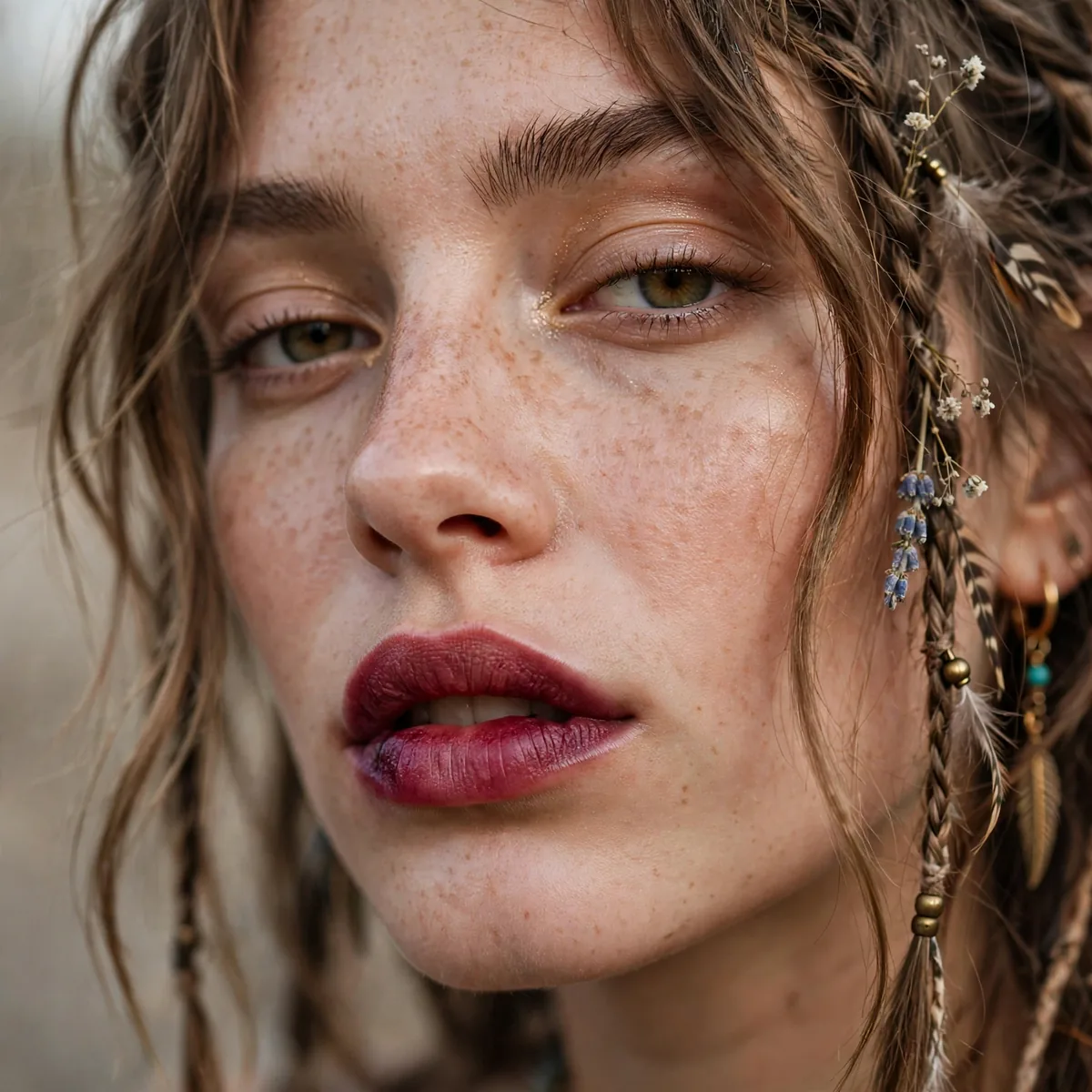 Bitten berry stained lips in boho festival makeup