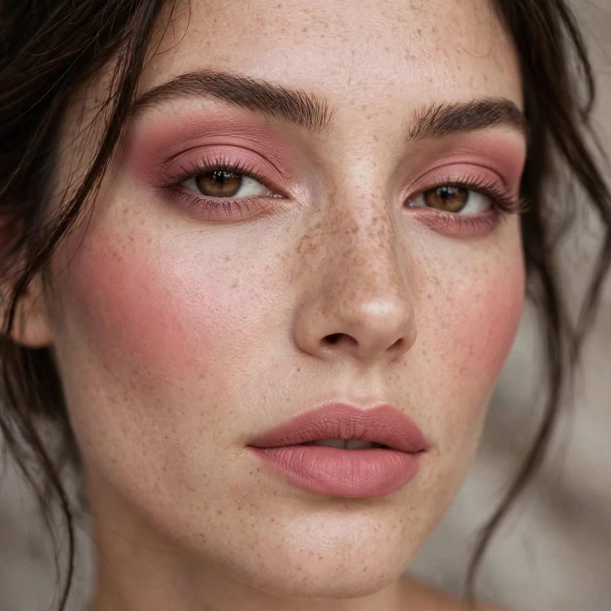 Monochrome desert rose makeup on eyes cheeks and lips