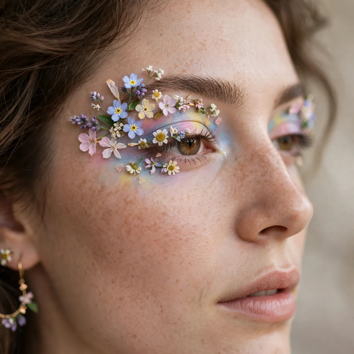 Boho eye makeup with wildflower pastel color details