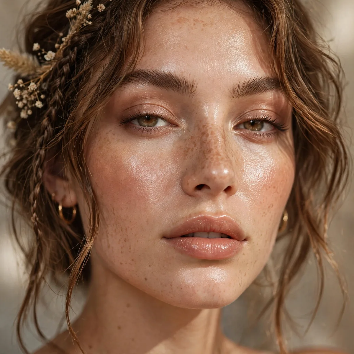 Honey-glazed dewy donut skin boho makeup look