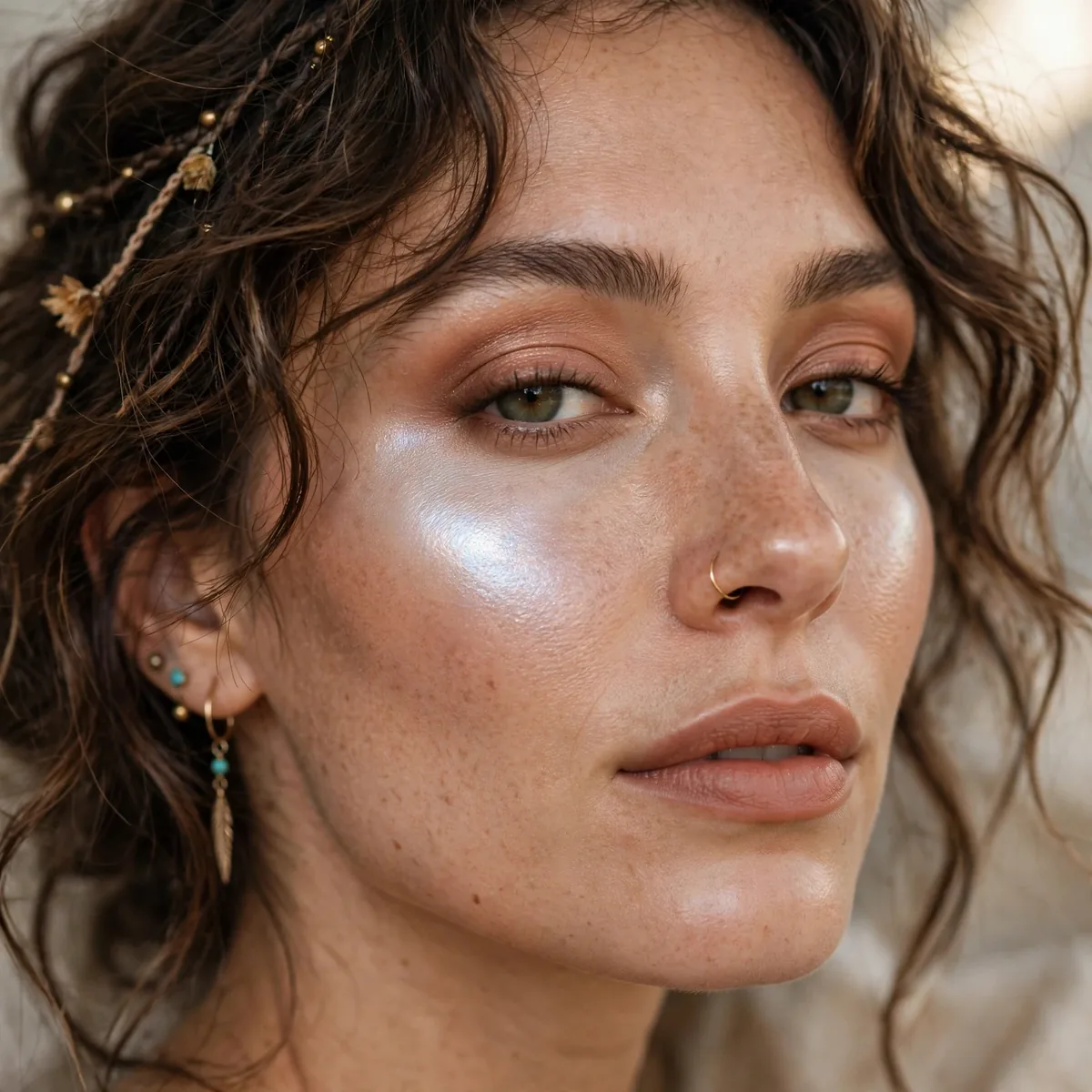 Moonstone highlighter glow on cheekbones in boho makeup
