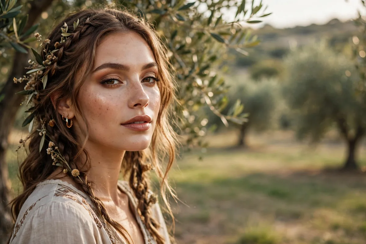 Woman with boho chic makeup featuring earthy eyeshadow and glowing skin