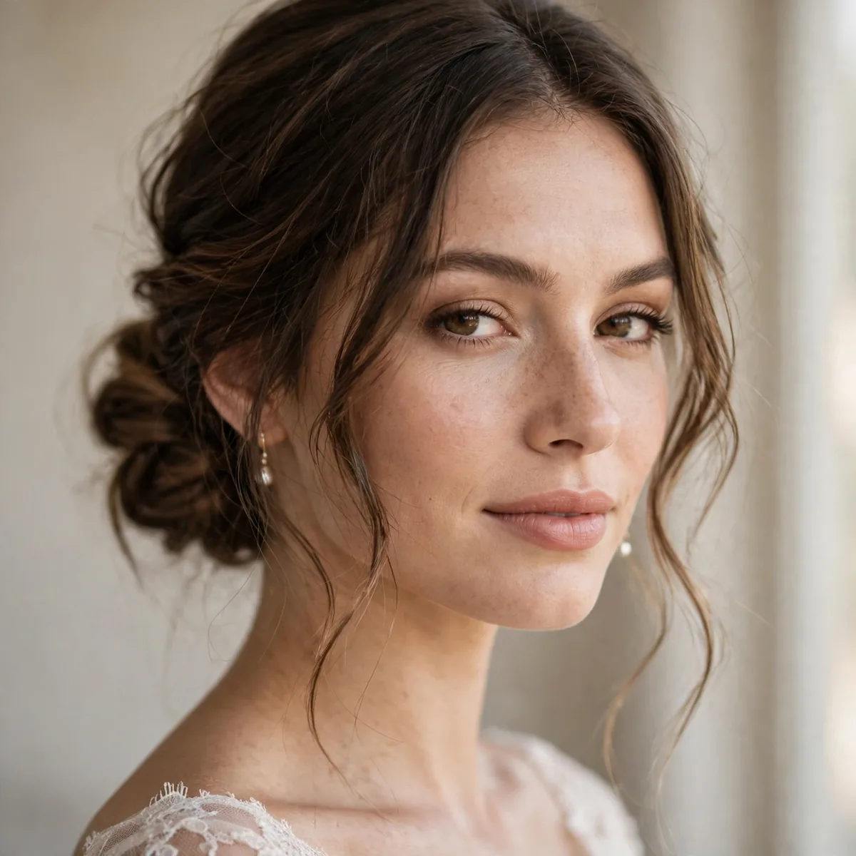 Boho low chignon with soft face-framing tendrils on bride
