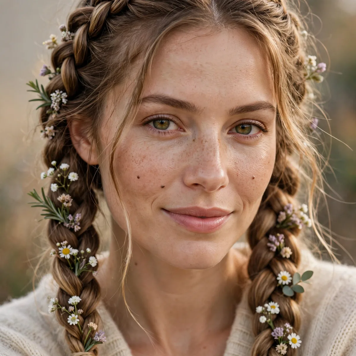 Boho Dutch braid pigtails decorated with small flowers