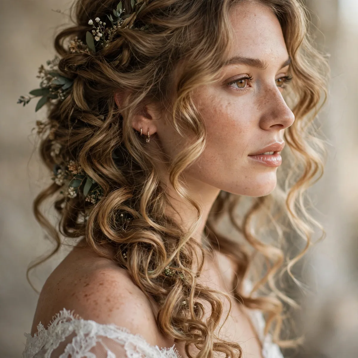 Romantic side-swept curls on boho bride