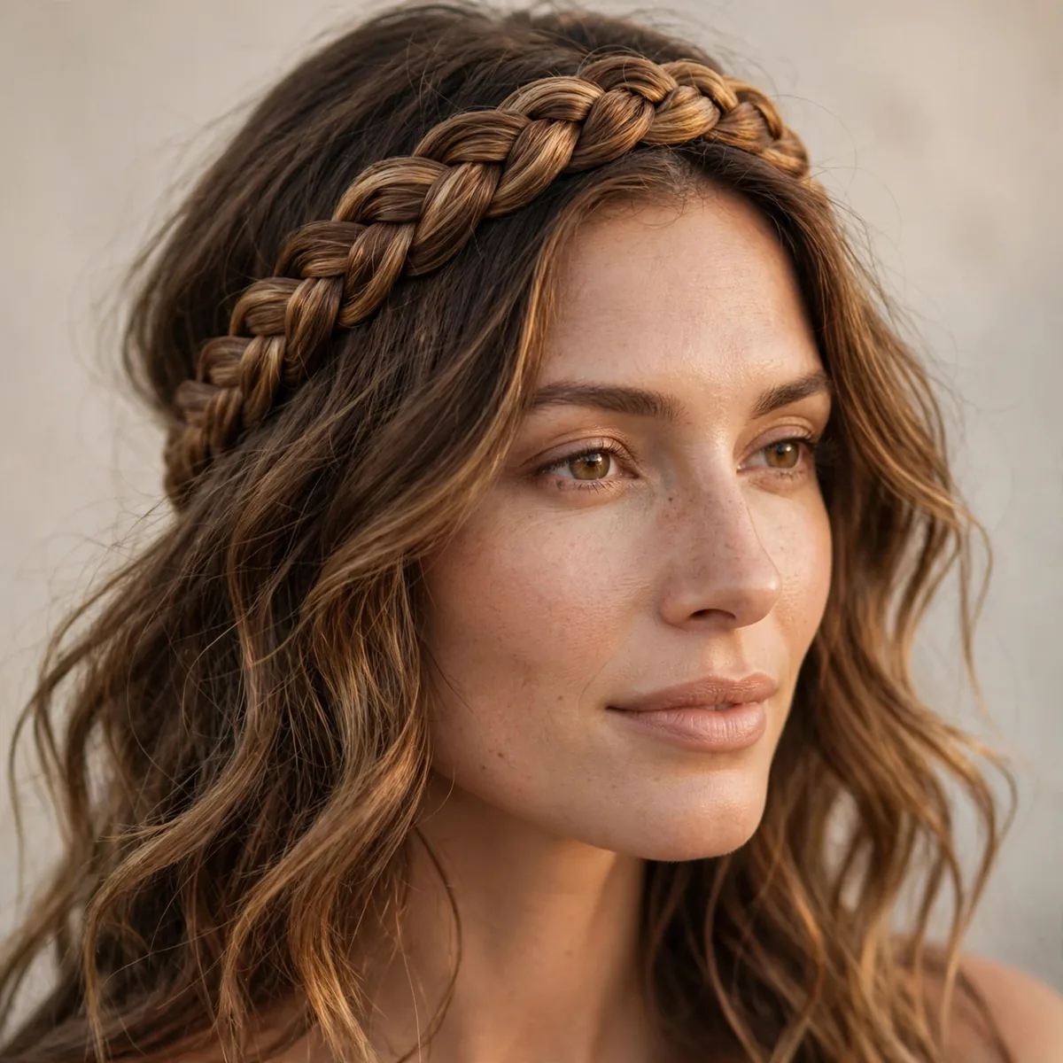Braided boho headband hairstyle with loose waves