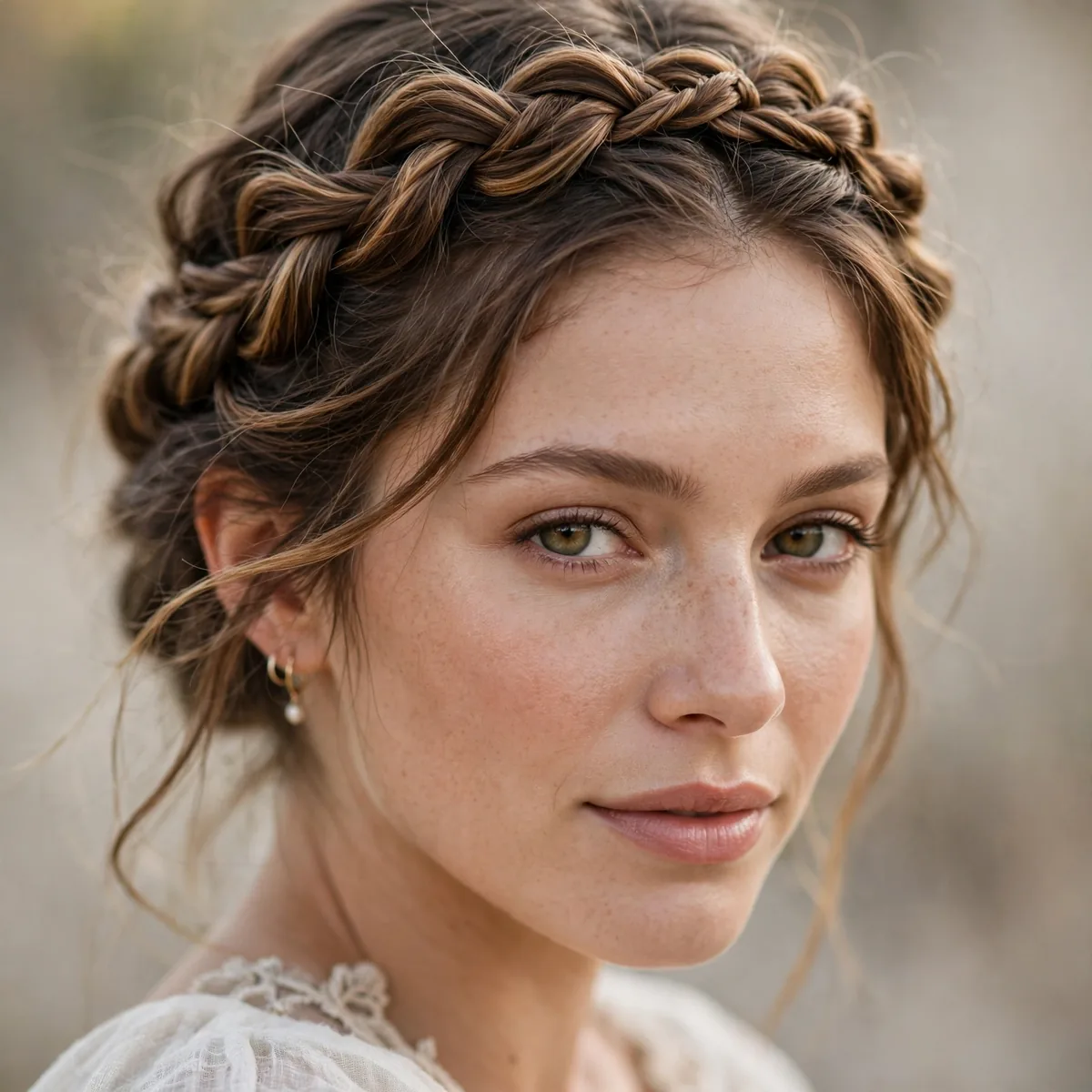 Twisted milkmaid braids pinned across crown for boho wedding