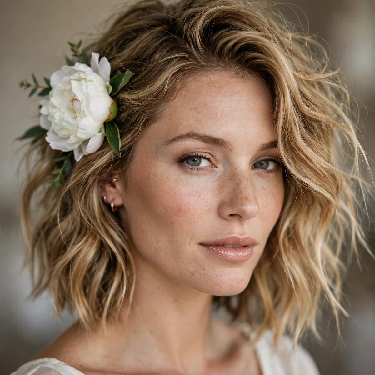 Beachy lob hairstyle with single statement flower for bride