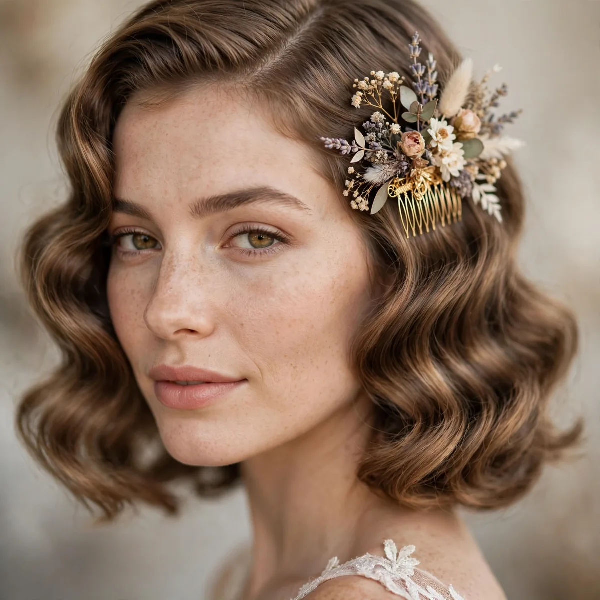 Soft vintage waves with floral comb for boho bride