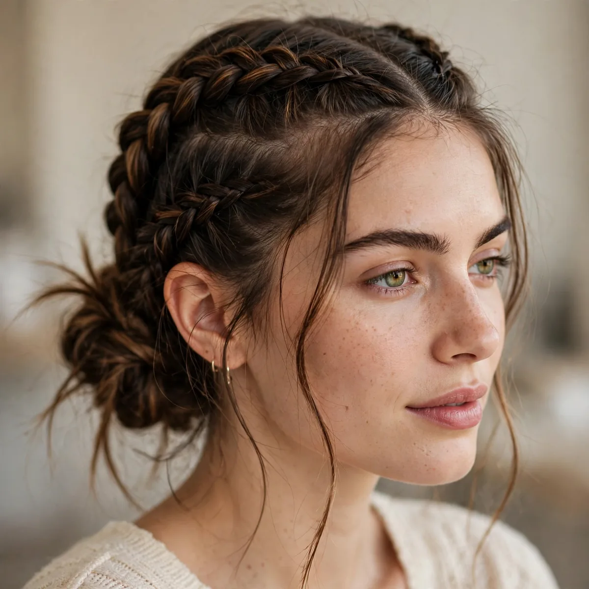 Double Dutch braids leading into a low boho bun