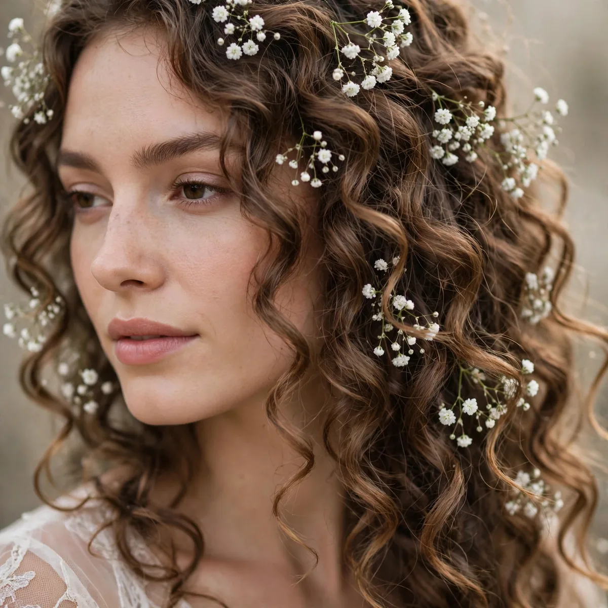 Cascading curls with baby's breath flowers for boho bride