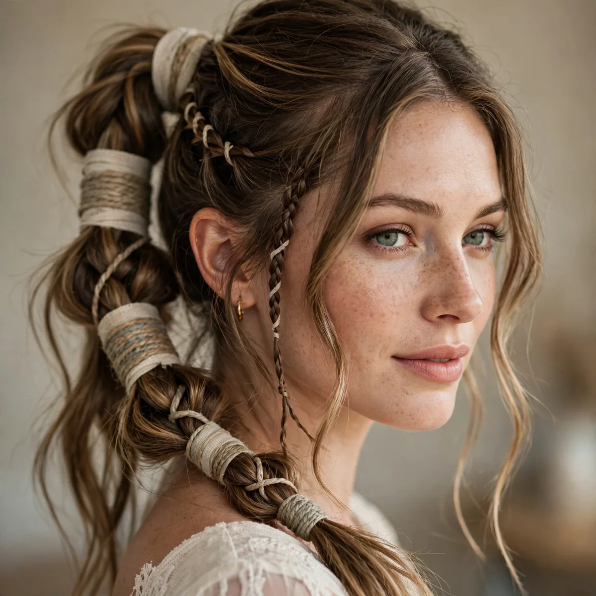 Boho braided ponytail with wrapped sections for wedding