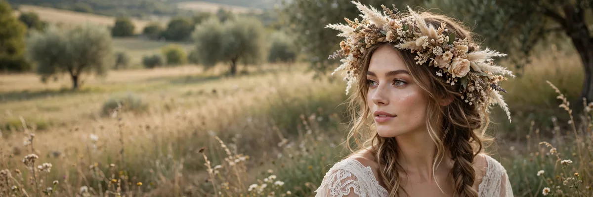 Boho bride with loose romantic wedding hairstyle and flowers
