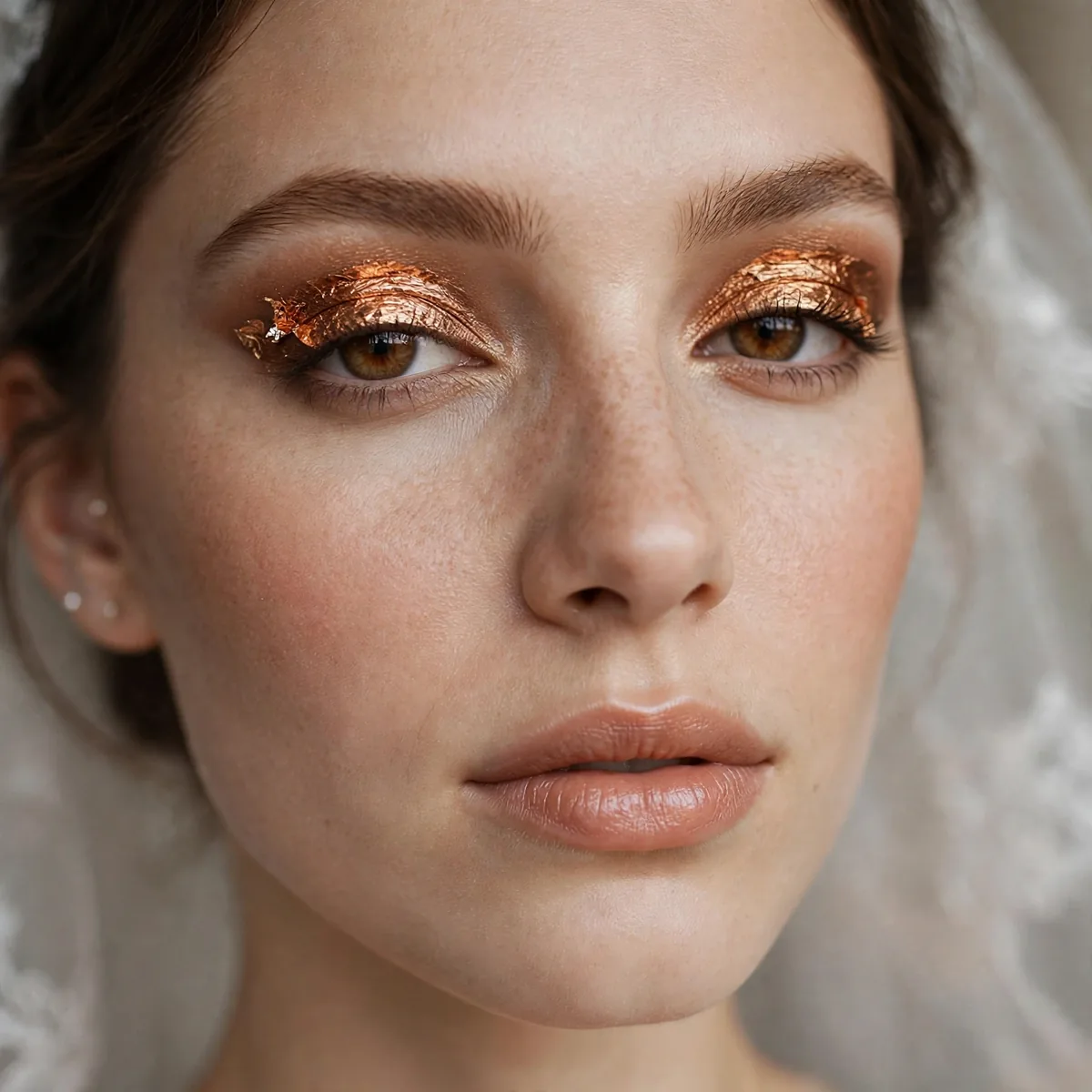 Bride with molten bronze foil eyeshadow lids