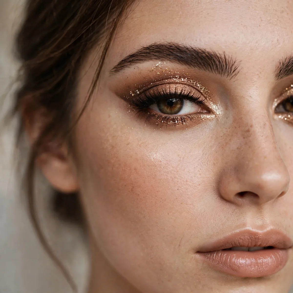 Bronze cut crease eye makeup with glitter accents for bride