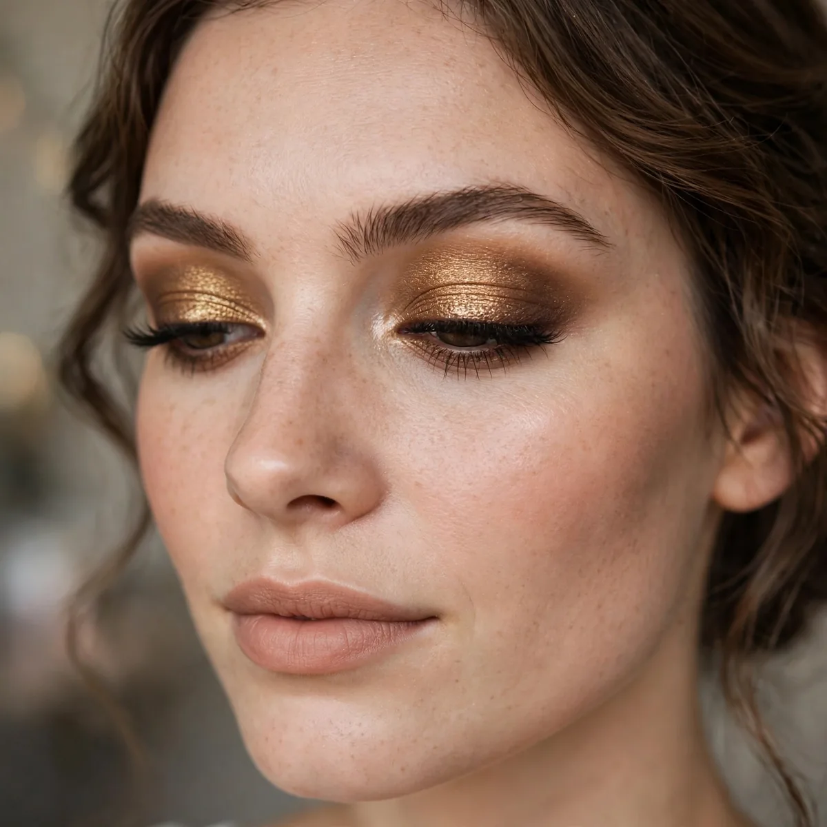 Antique gold-bronze eyeshadow lids bridal makeup