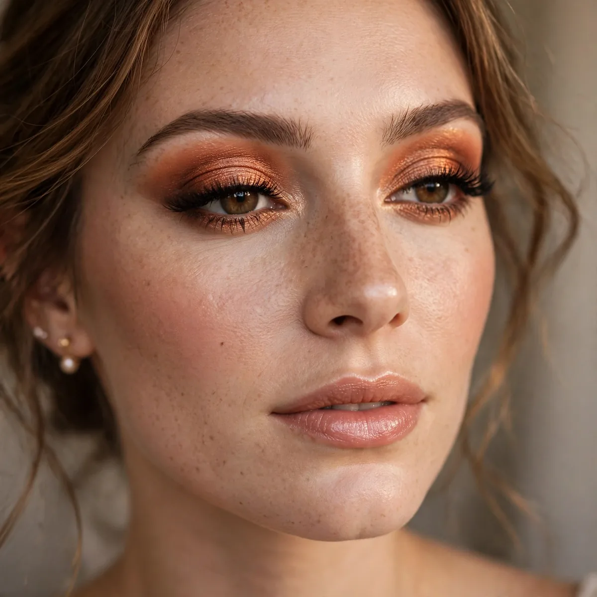 Copper-bronze sunset eyeshadow bridal look