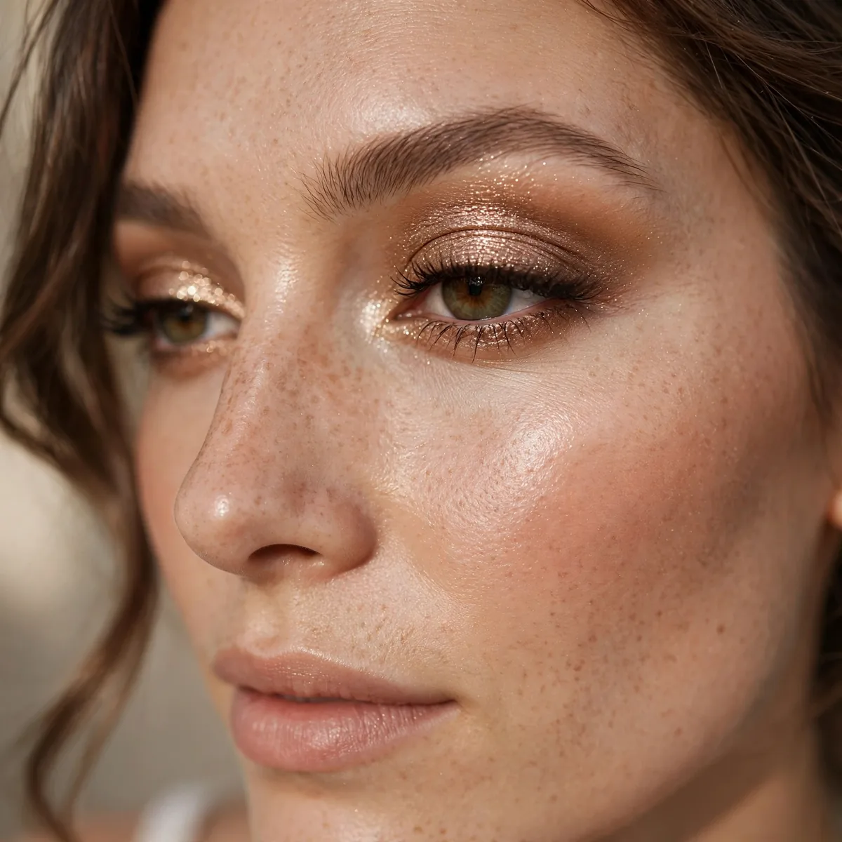 Champagne-bronze glowing bridal eye makeup