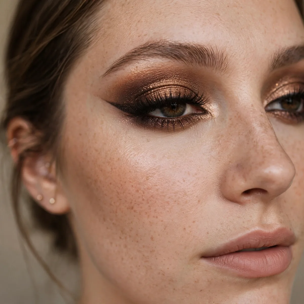 Bronze smoky winged eye makeup for bride