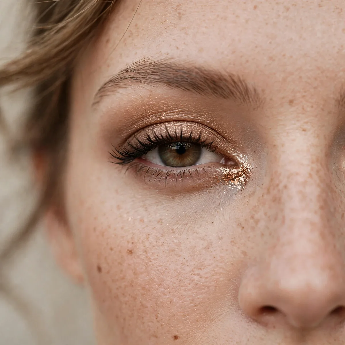 Bronze glitter accent at tear duct bridal eye makeup