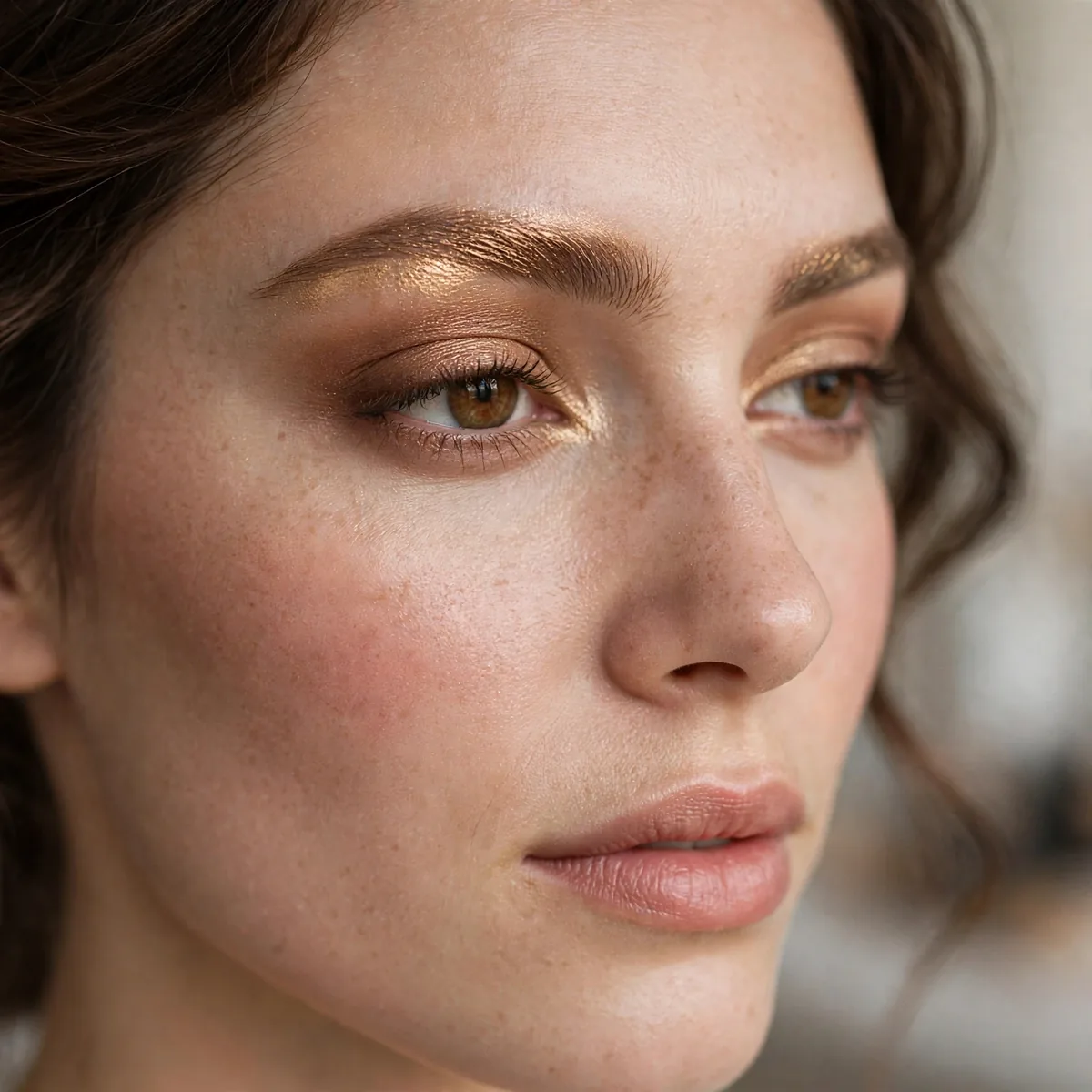 Gilded bronze highlight on brow bone bridal makeup
