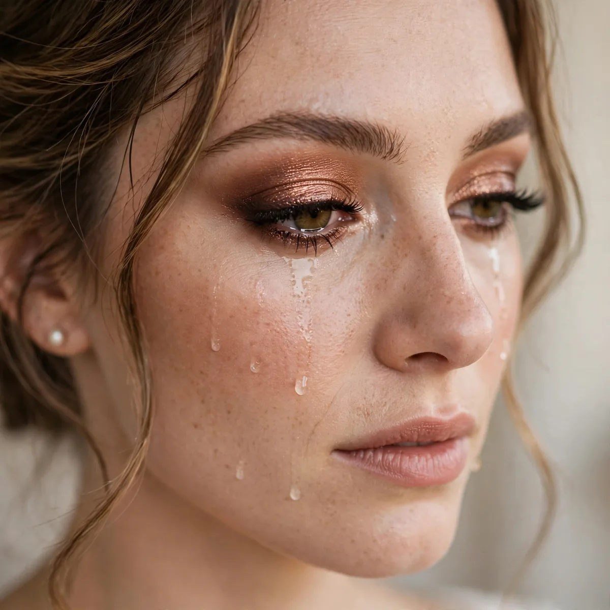 Waterproof bronze eye makeup that survives tears for bride
