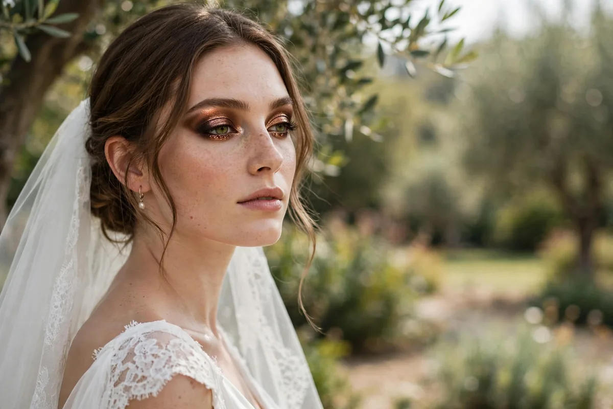 Bride with bold bronze metallic eye makeup
