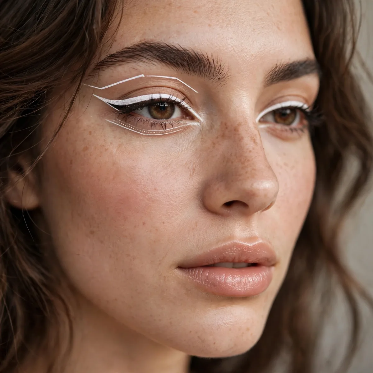 White graphic eyeliner accents on eye makeup