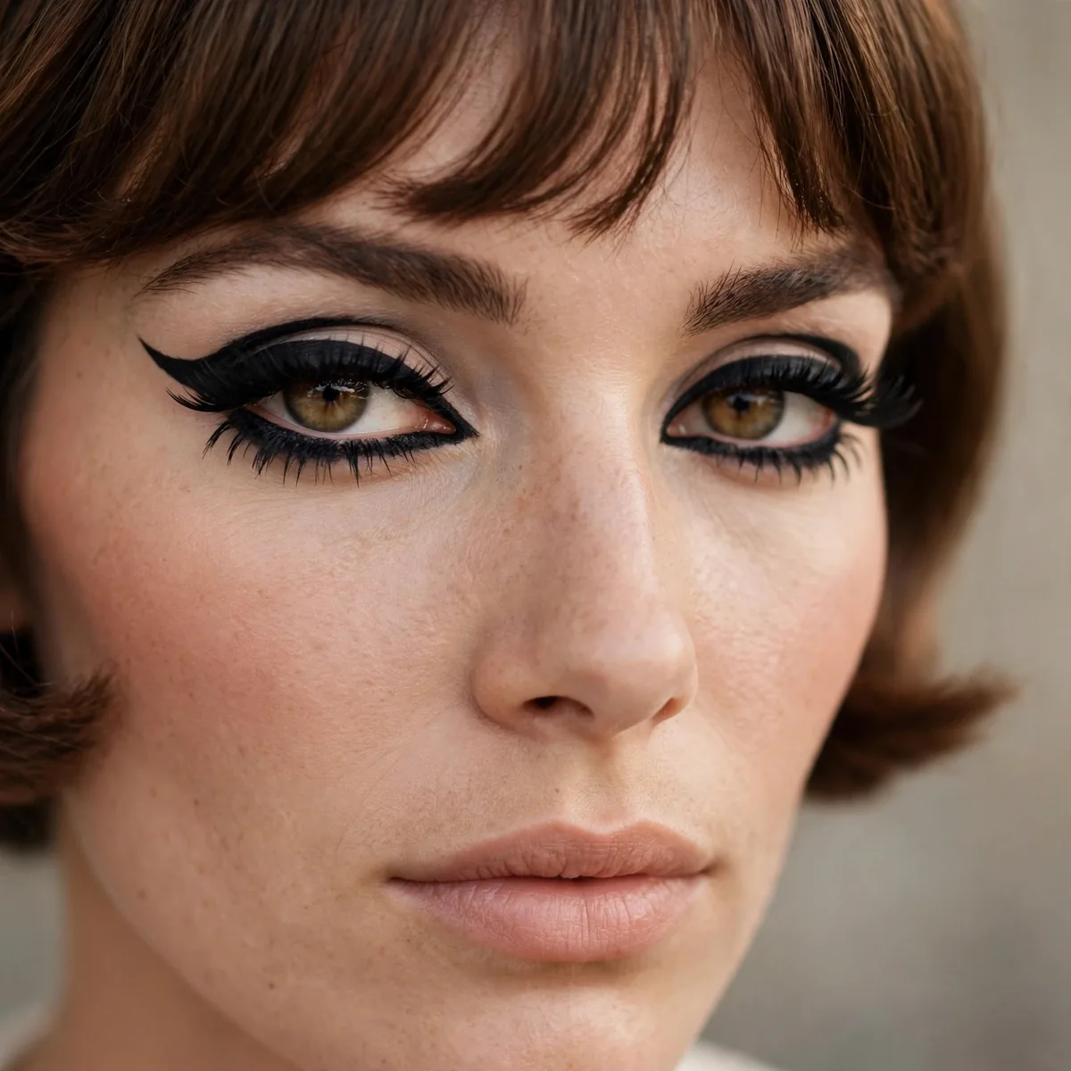 Thick 1960s mod eyeliner look with bold lids