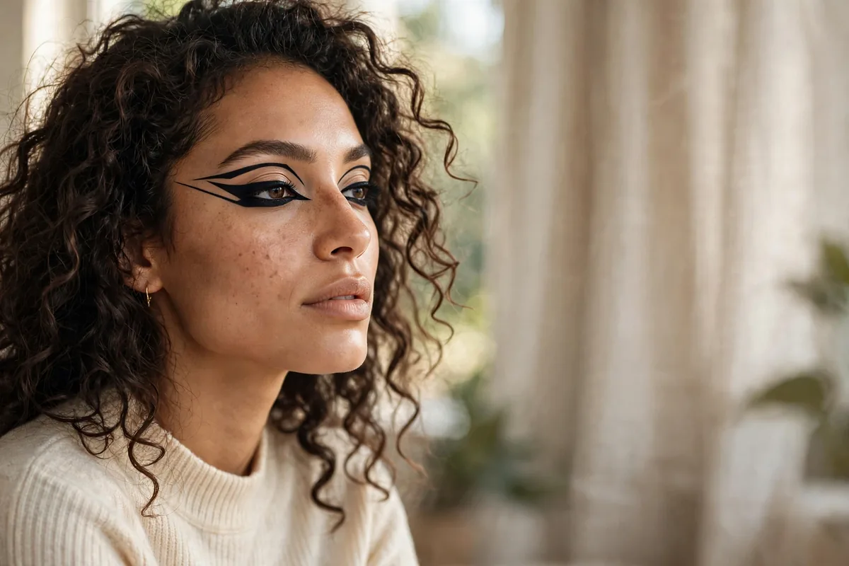 Woman with bold graphic black eyeliner makeup look