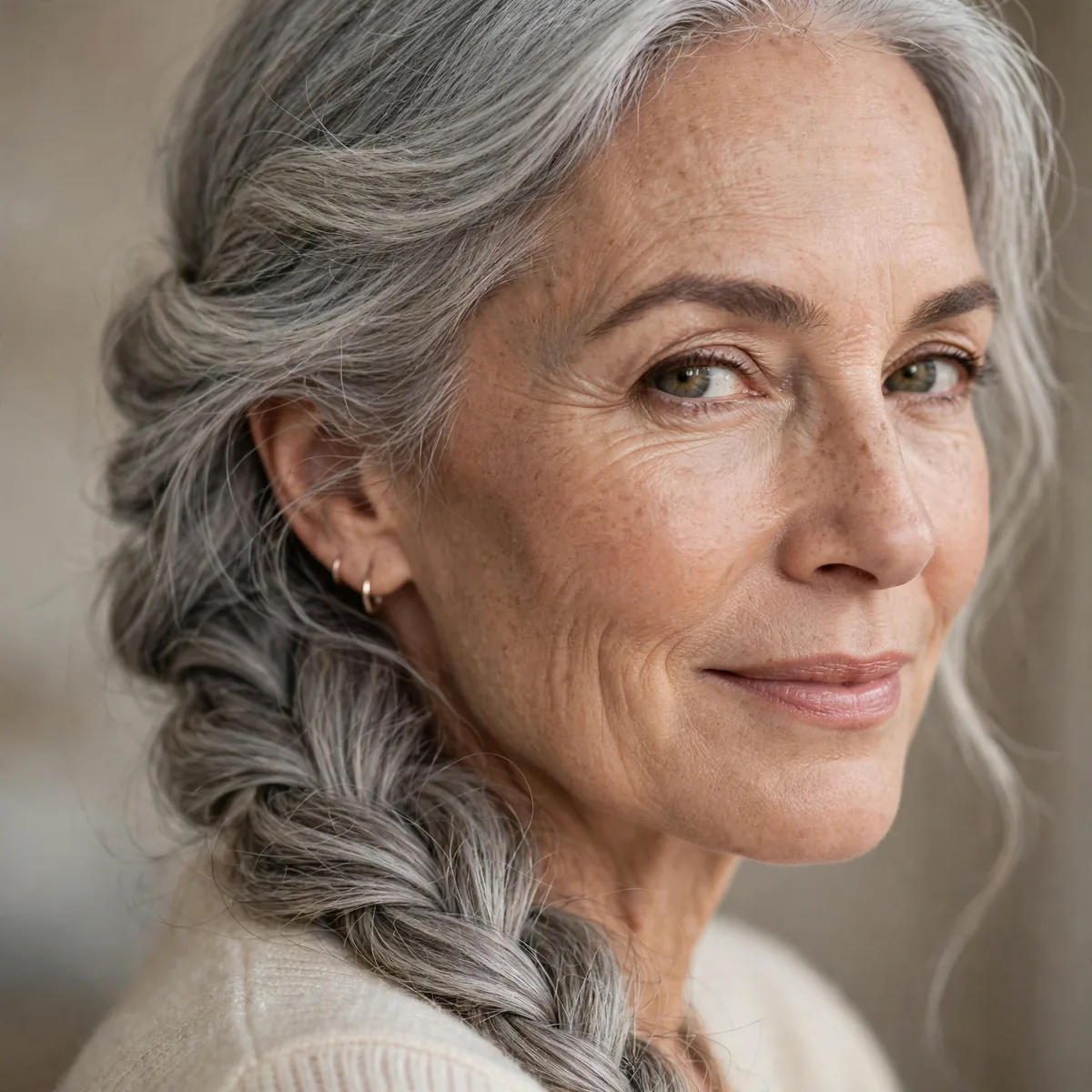 Soft silver side braid on woman over 50 with gray hair