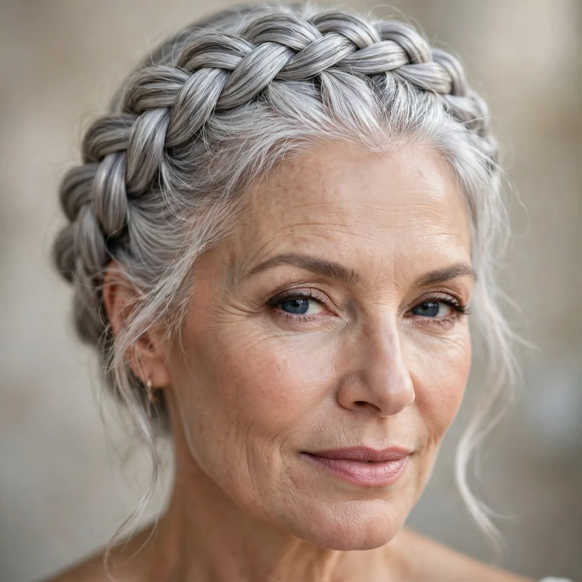 Silver crown braid halo on woman over 50