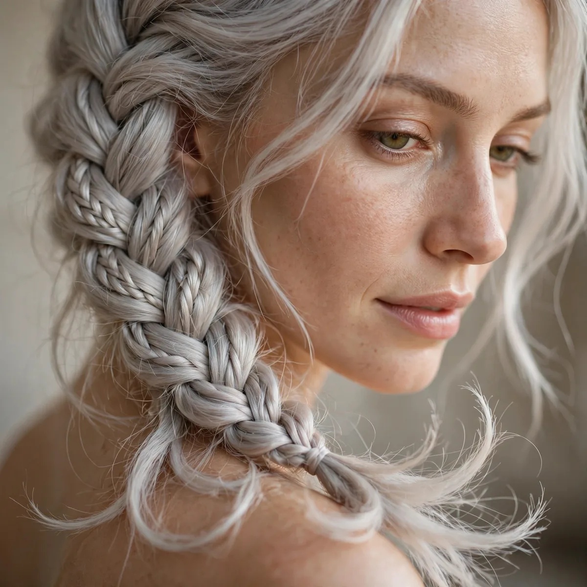 Silver fishtail braid with soft wispy ends