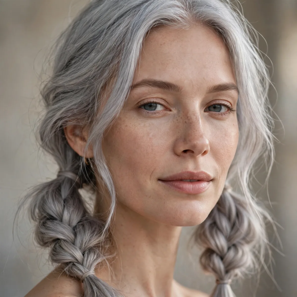 Soft low Dutch braid pigtails on silver hair