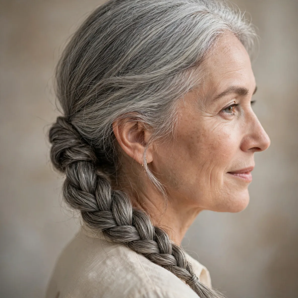 Elegant braided low ponytail on gray hair