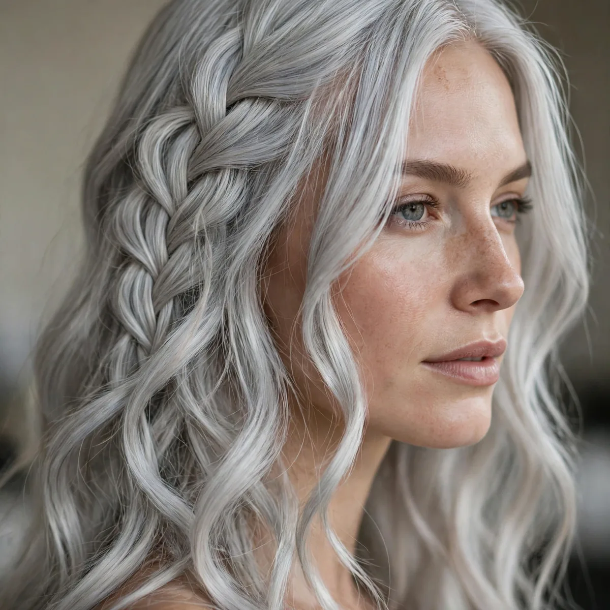Waterfall braid woven through silver waves