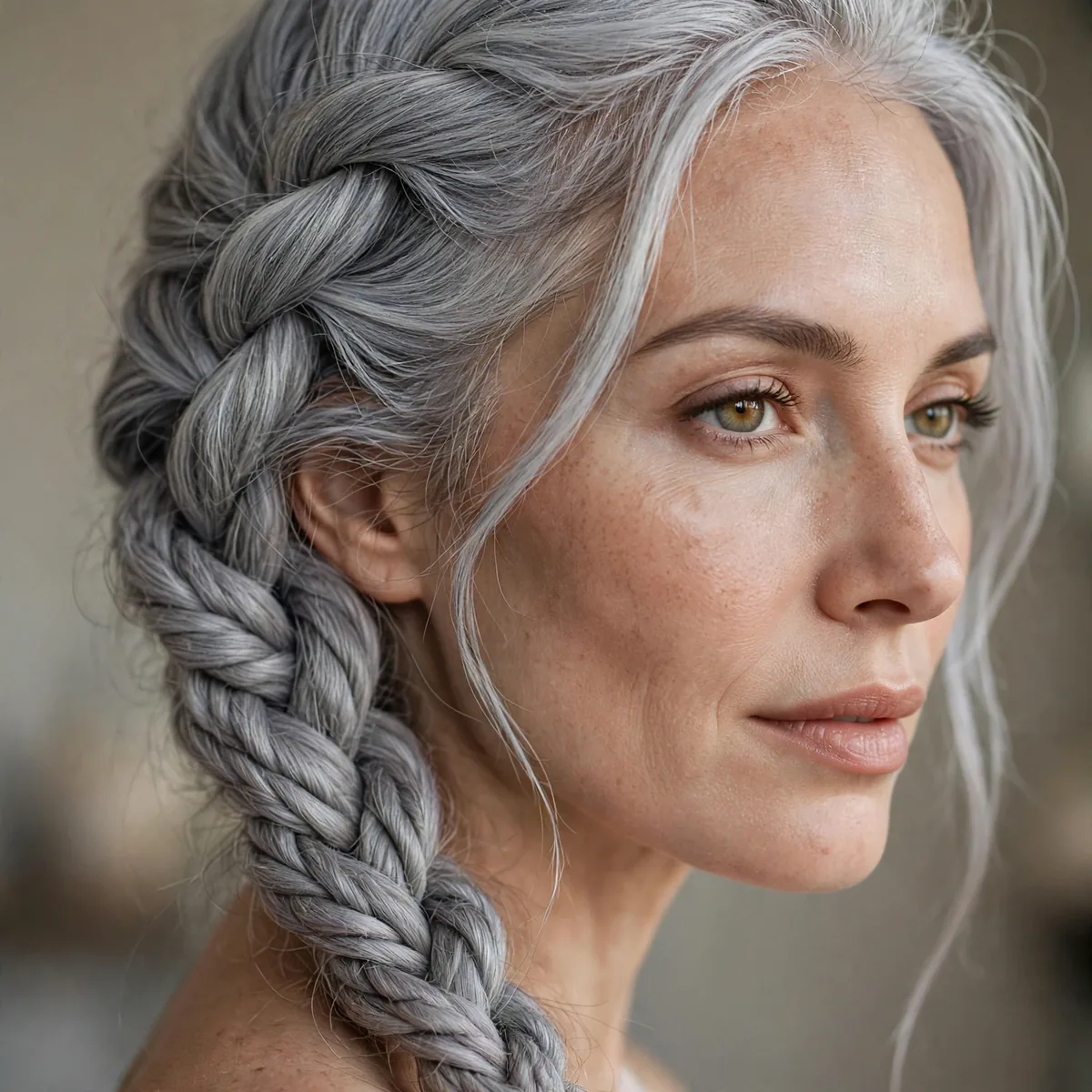 Rope twist side braid on silver gray hair