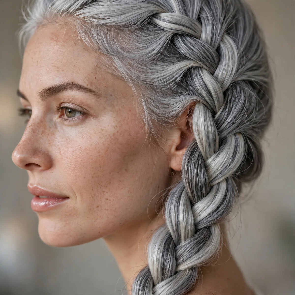 Intricate four-strand braid on silver gray hair