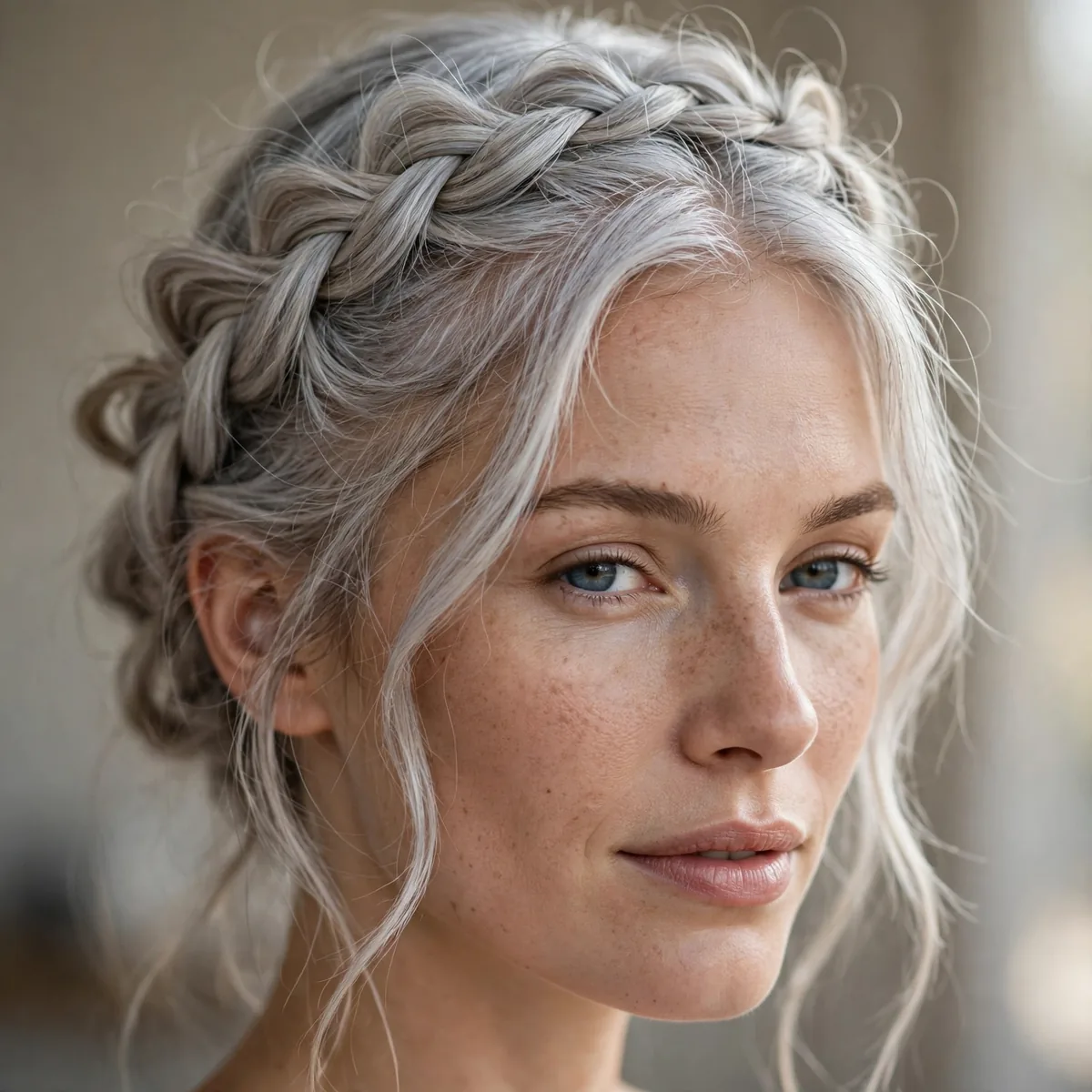 Loose milkmaid braids pinned as crown on silver hair