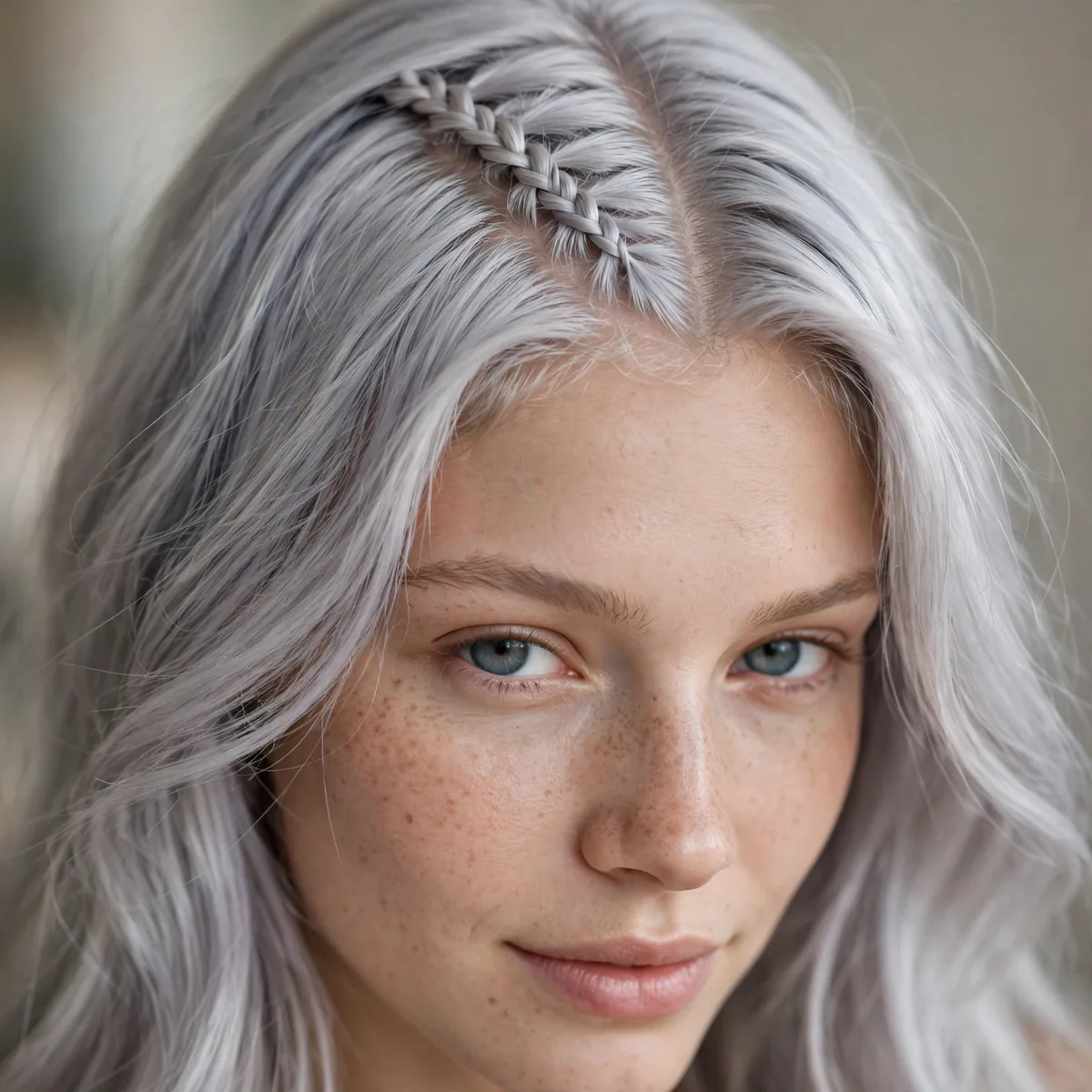 Small accent braid along the hair part on silver hair