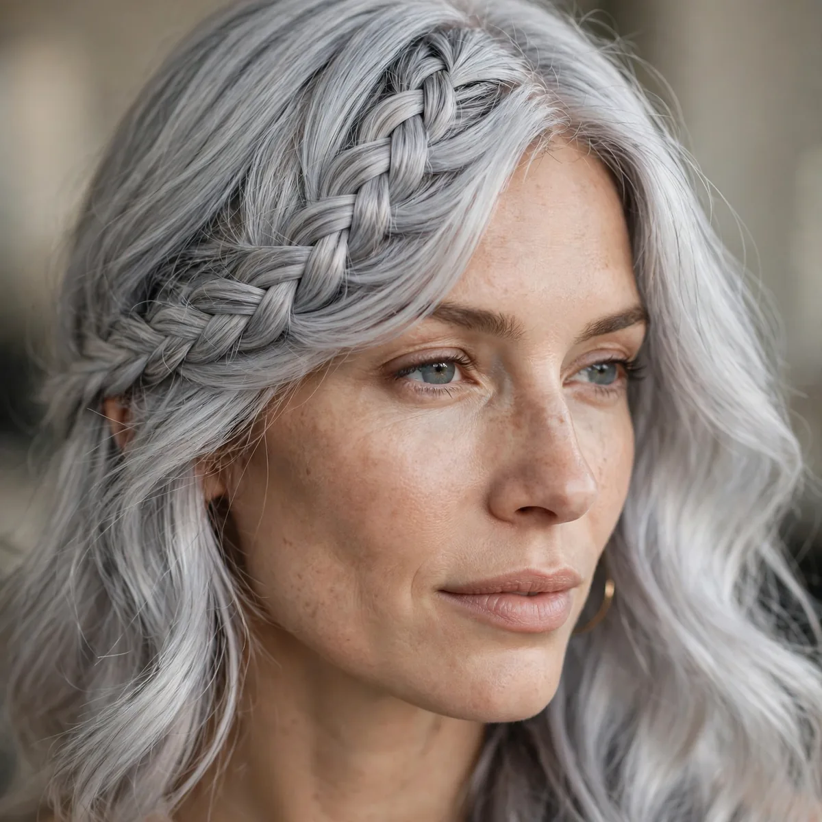 Braided bangs swept to the side on silver hair
