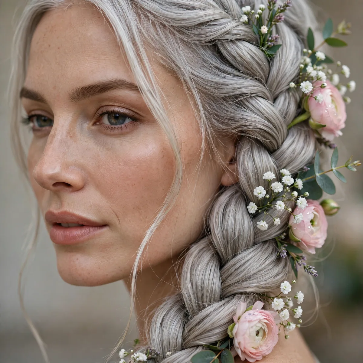 Silver braid decorated with fresh flowers