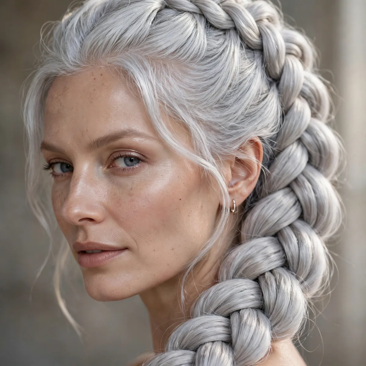Thick goddess braid on elegant silver hair