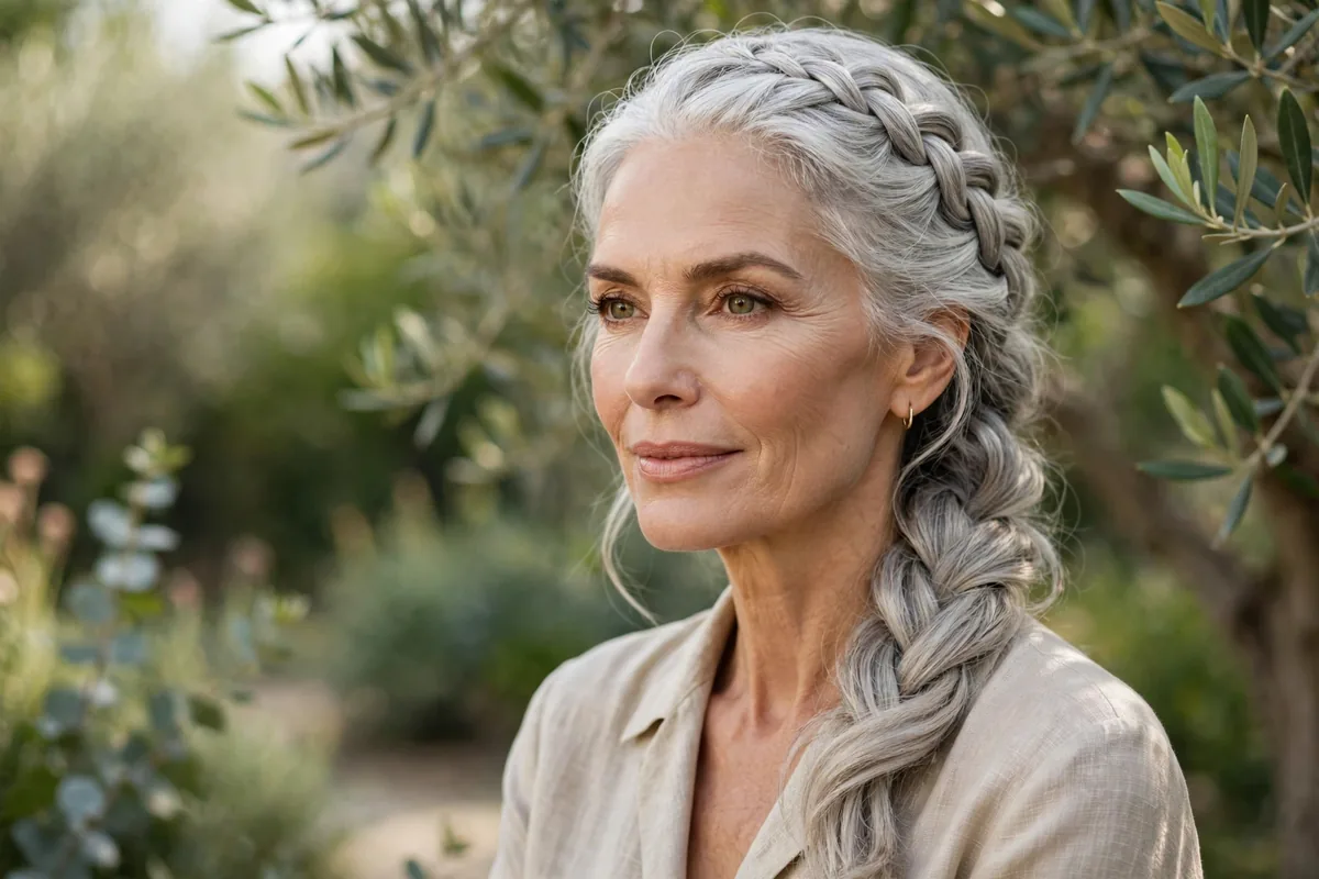 Elegant silver-haired woman over 50 with a braided hairstyle