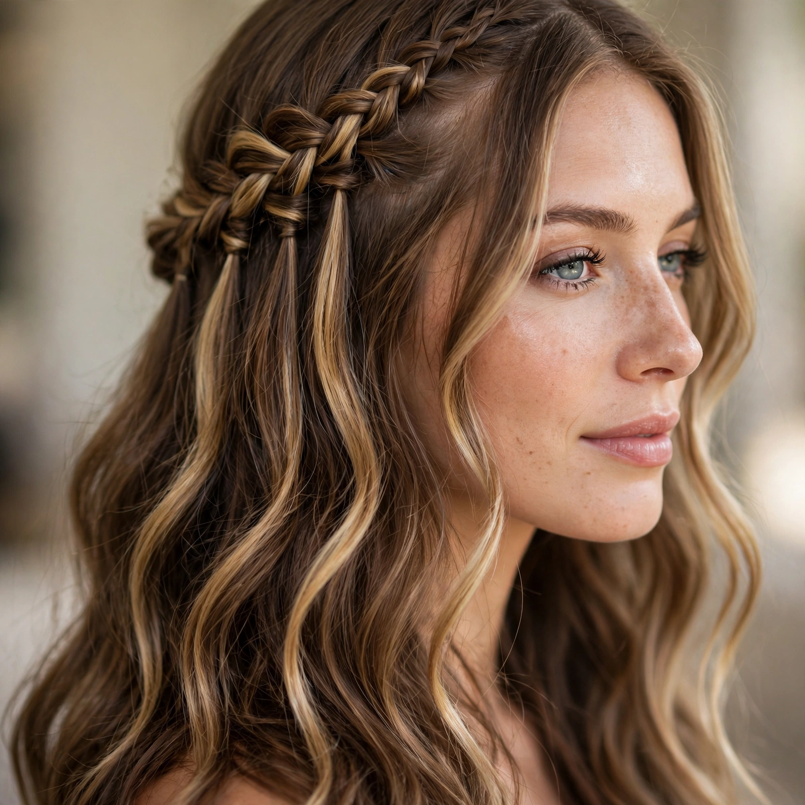 Waterfall braid with strands cascading through long hair