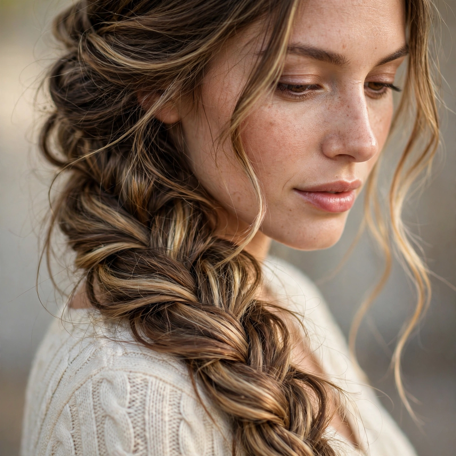 Mermaid braid draped over one shoulder of long hair