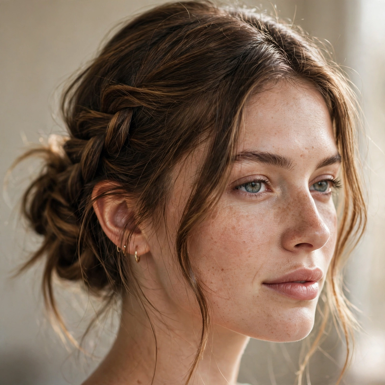 Side braid swept into a loose knotted updo