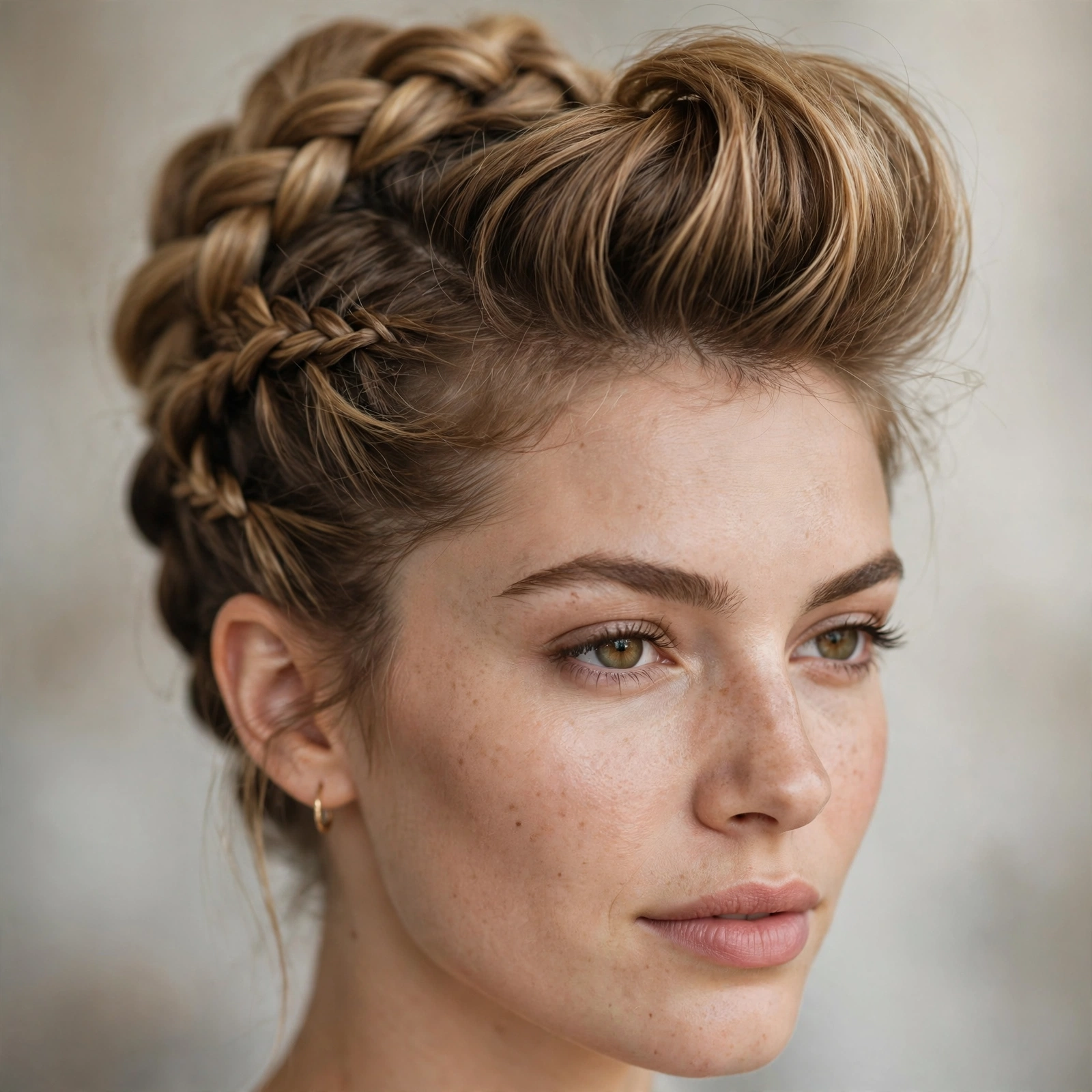 Braided updo with a lifted pompadour front