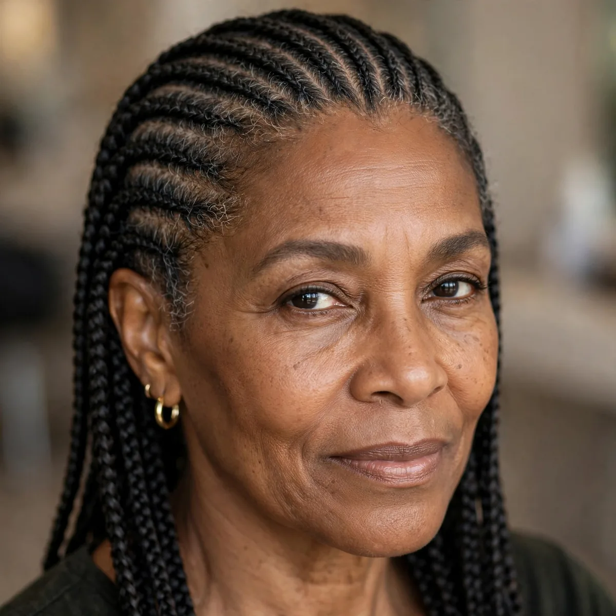 Classic straight-back cornrows on older Black woman