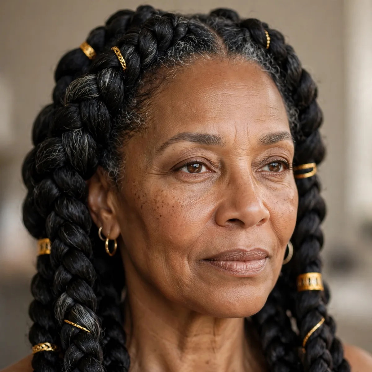 Thick goddess braids on older Black woman